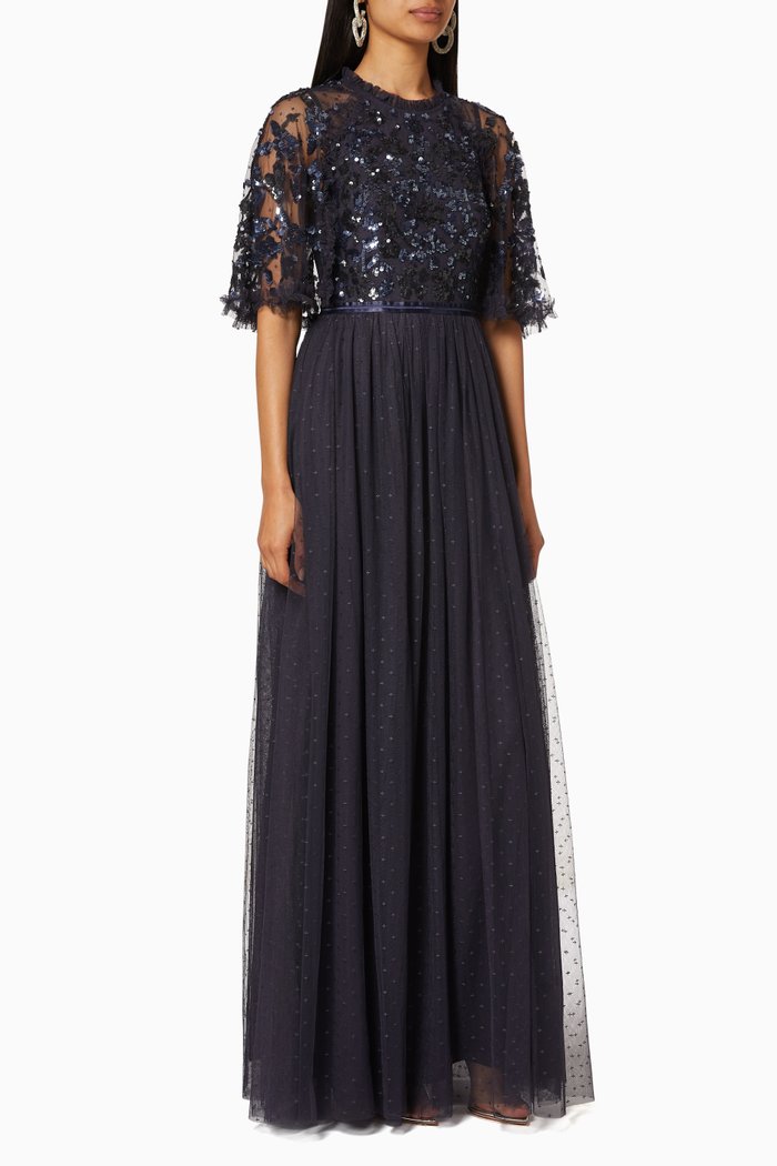 

Floral Embellished Cape Sleeves Maxi Dress, Blue