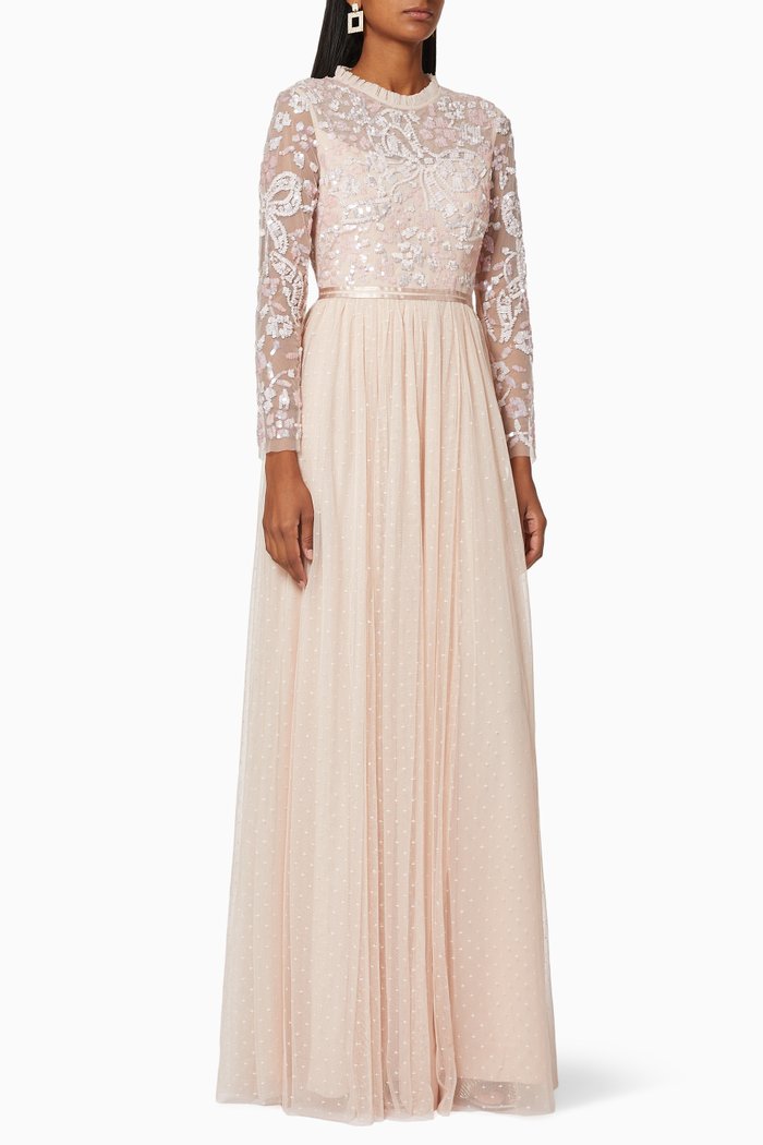 

Sequin Embroidered Tulle Maxi Dress, Pink