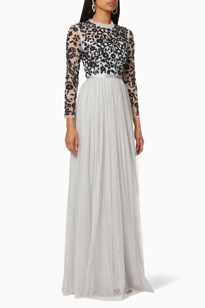 

Sequin Embroidered Tulle Maxi Dress, Blue