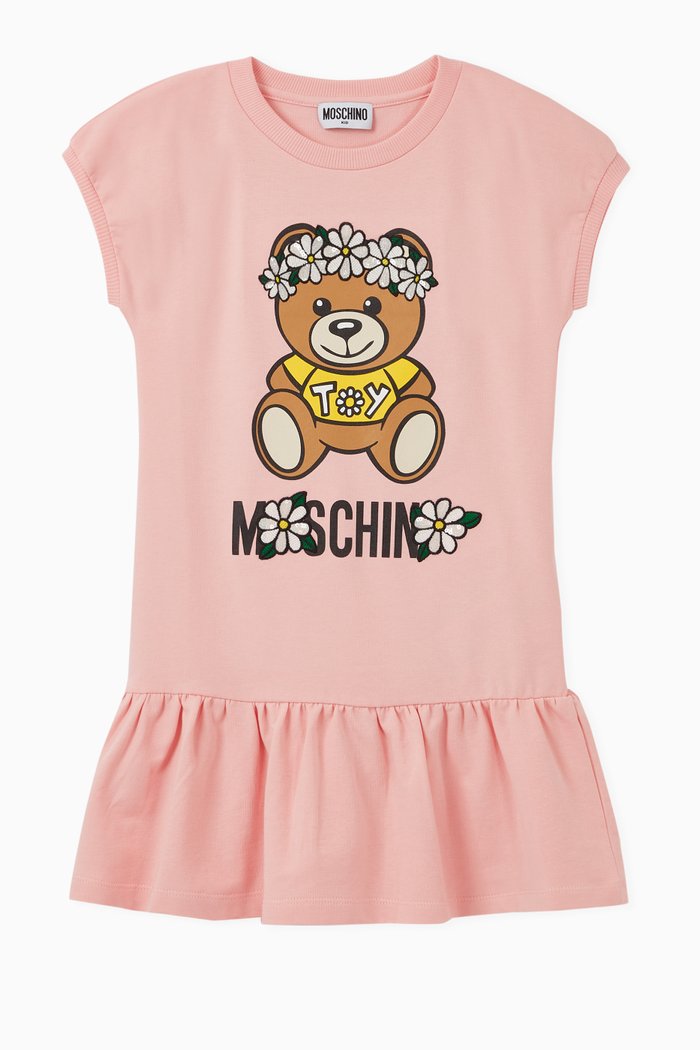 Teddy Bear Flower Crown Jersey Dress, Pink