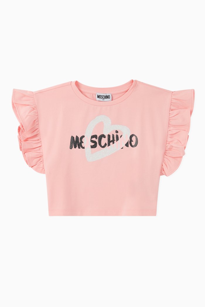 

Logo Print Ruffled Sleeves T-Shirt, Pink