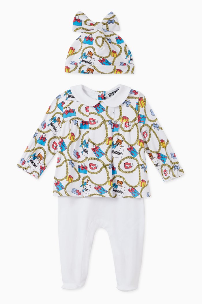 

Shopping Teddy Bear Bodysuit and Hat Set, White