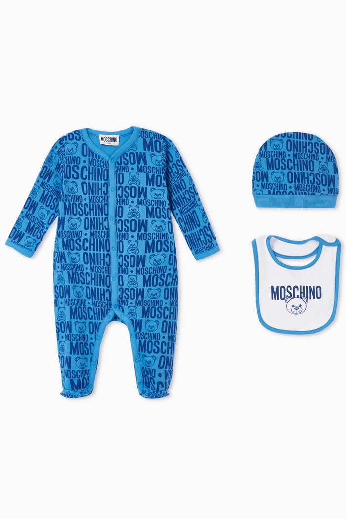 

Logo Teddy Bear Romper, Bib & Hat Set, Blue