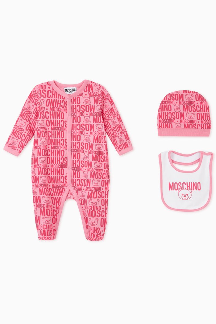 

Logo Teddy Bear Romper, Bib & Hat Set, Pink