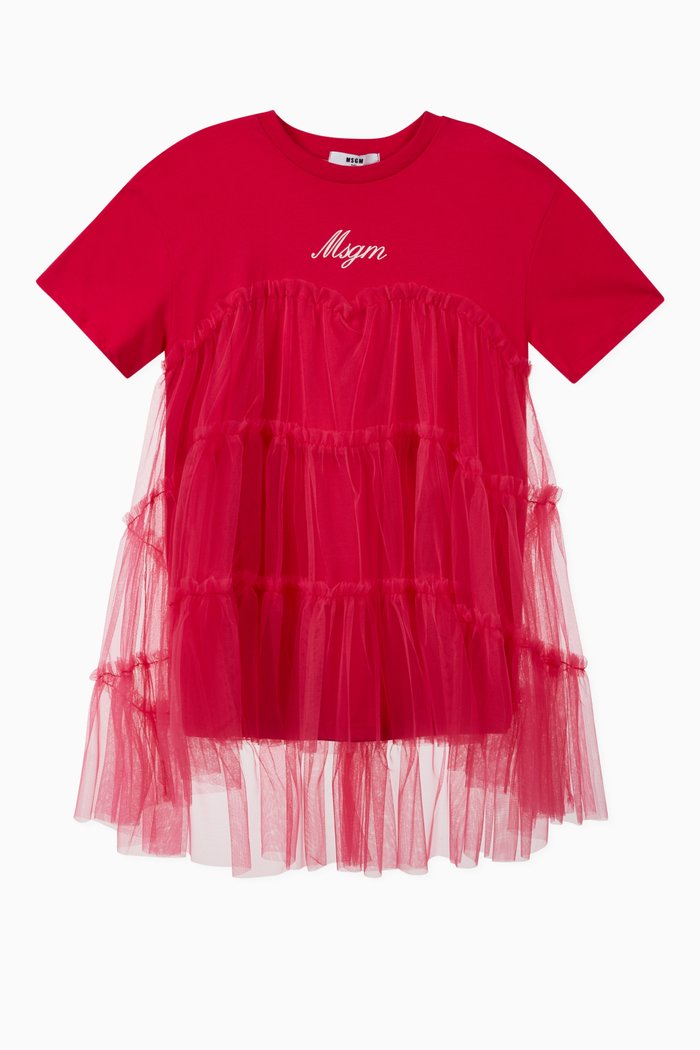 

Gathered Tulle T-shirt Dress, Red