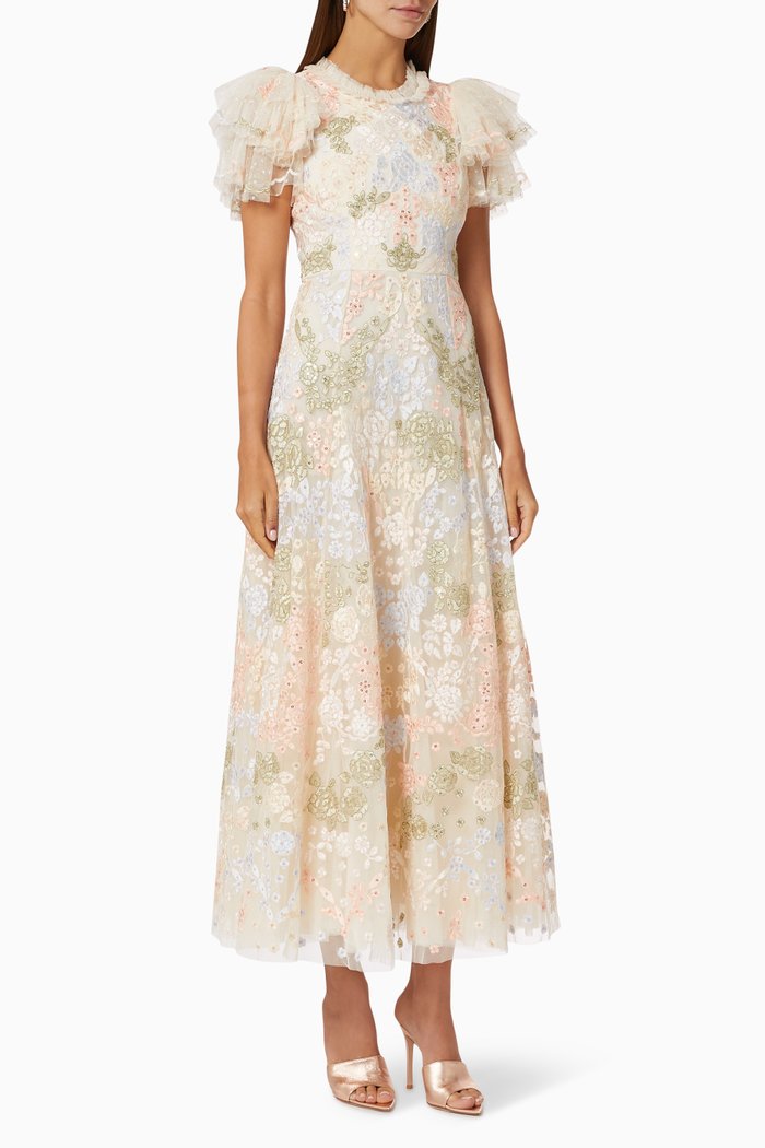 Elin Blossom Ankle Gown in Floral Tulle, Multicolour