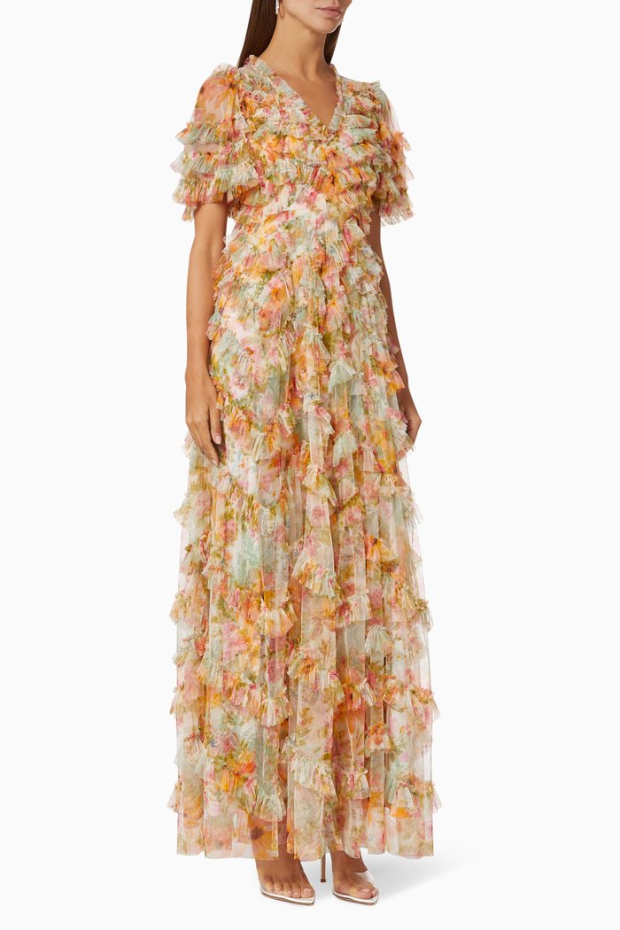 

Sunset Garden V-neck Gown in Floral Ruffled Tulle, Multicolour