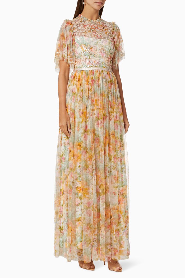 Sunset Garden Gown in Floral Tulle, Multicolour