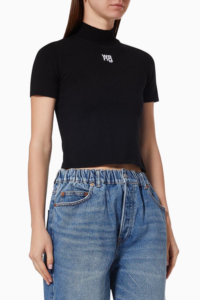 

Logo Patch Mockneck Top in Bodycon Knit, Black
