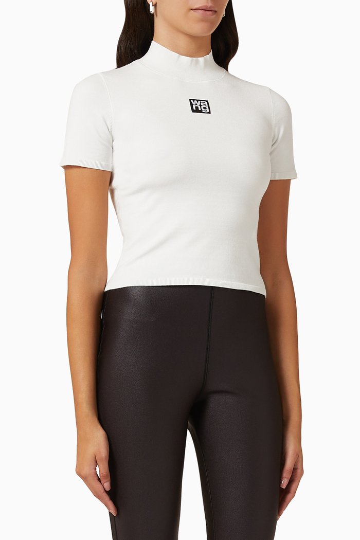 

Logo Patch Mockneck Top in Bodycon Knit, White