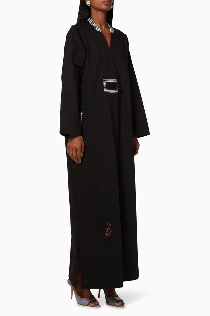 

Houndstooth Panel Cotton Abaya, Black