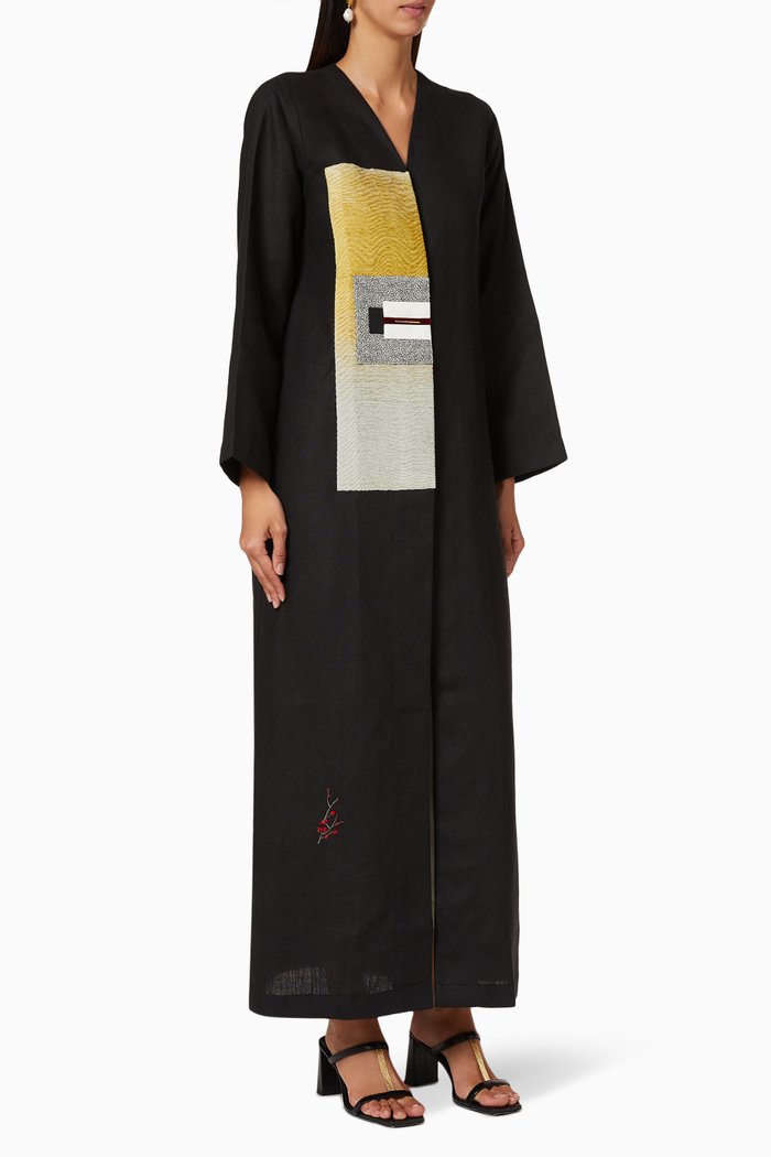 

Contrasting Panel Linen Abaya, Black