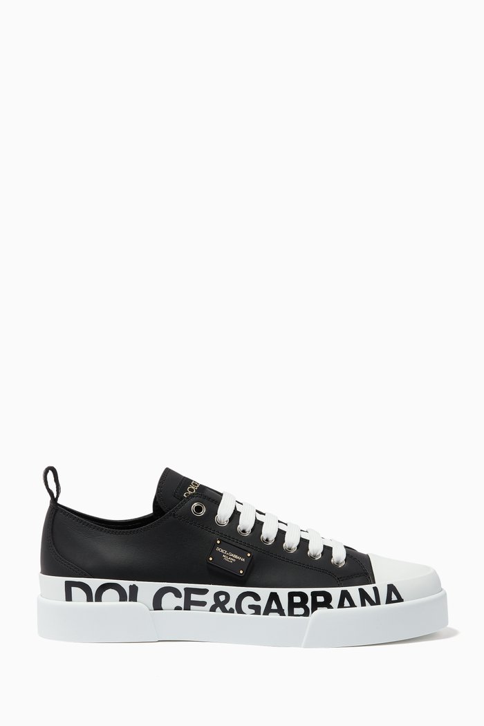 

Portofino Sneakers with Branded Plate & Logo Print in Leather, Black