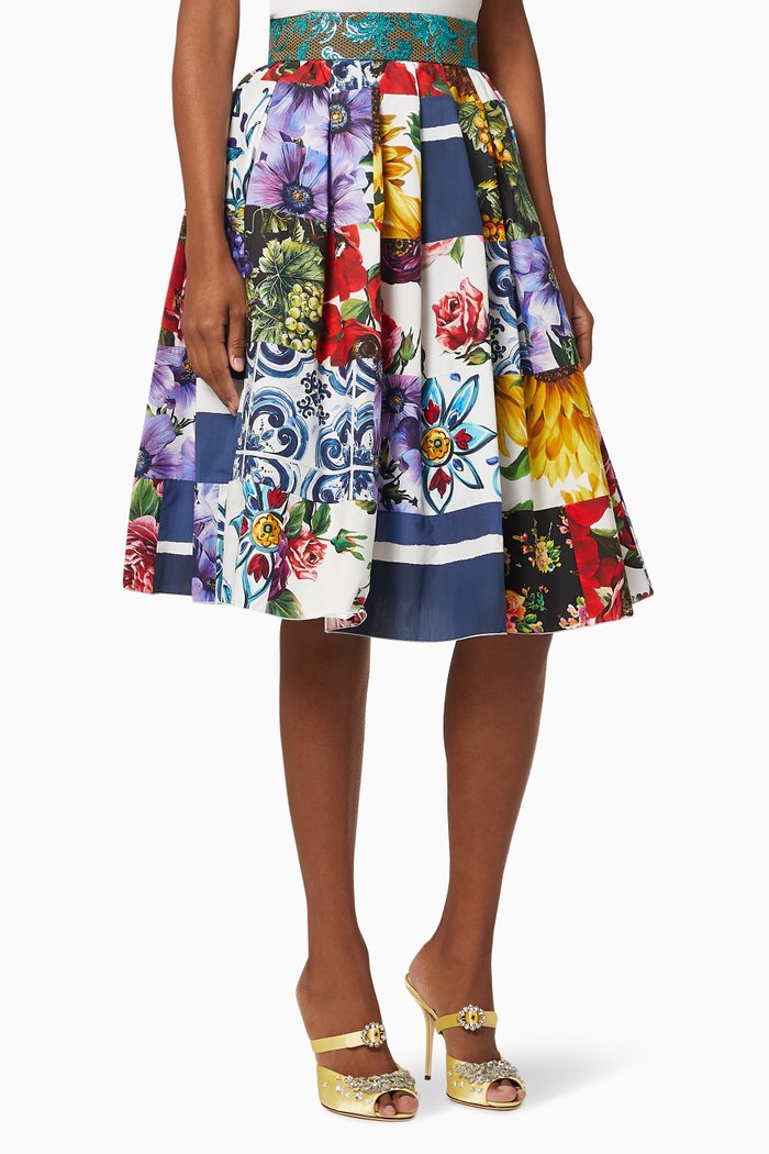 A-line Skirt in Patchwork Cotton Poplin, Multicolour