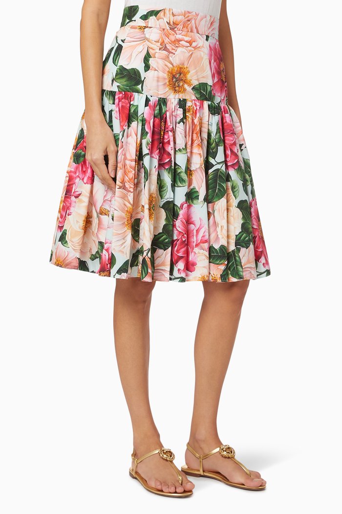

Camellia-Print Poplin Midi Skirt, Blue