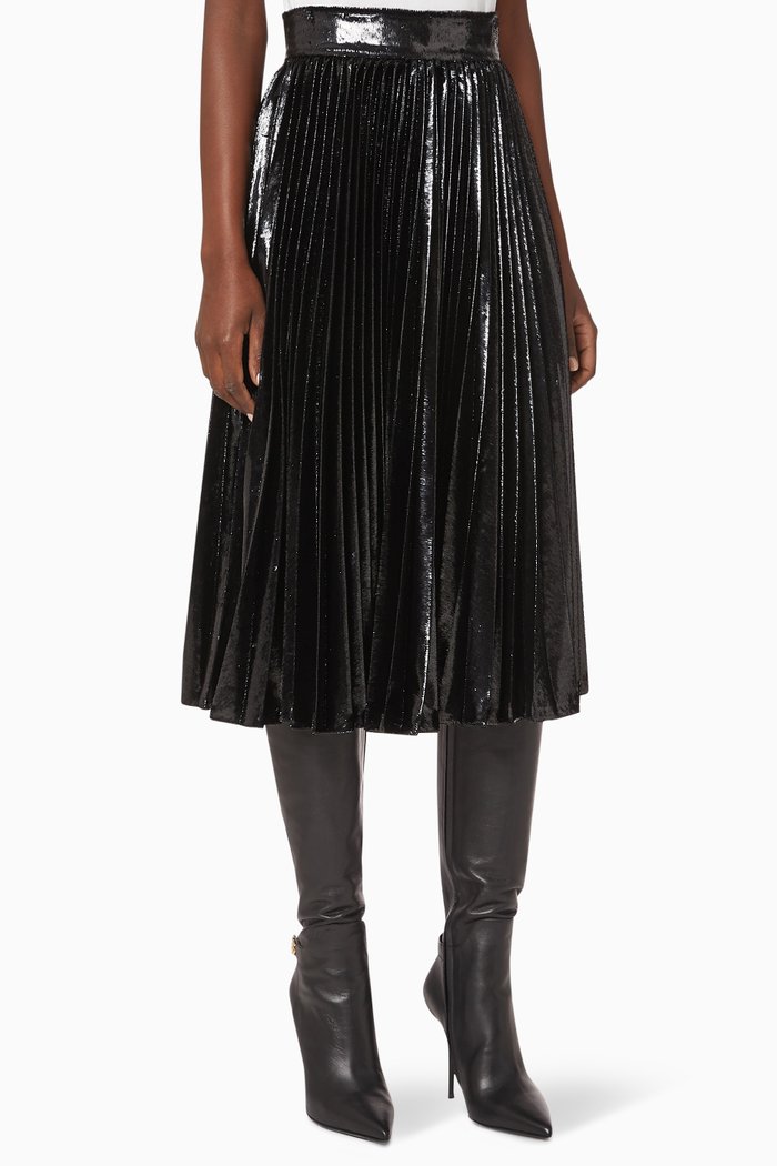

Velvet Pleated Midi Skirt, Black