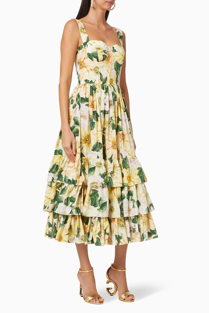 

Camellia-Print Poplin Midi Dress, Yellow