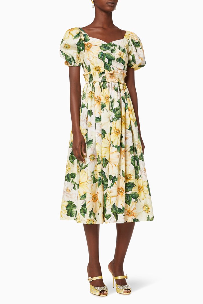 

Camellia Print Midi Poplin Dress, Yellow