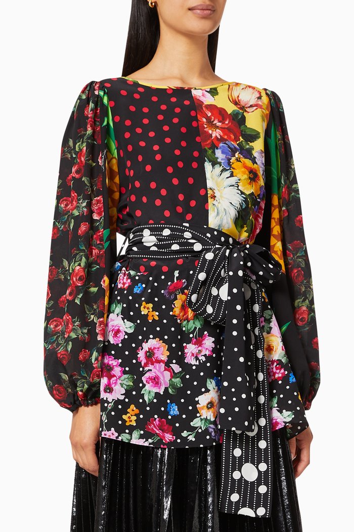 

Blouse with Belt in Patchwork Silk Crepe de Chine, Multicolour