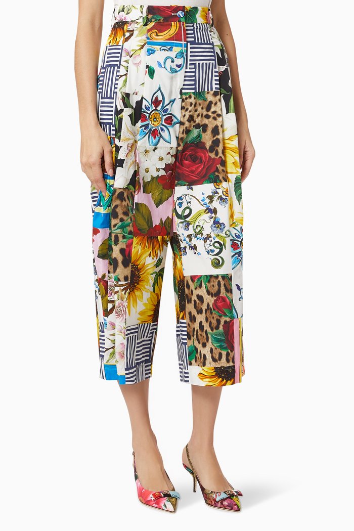

Wide Cropped Pants in Patchwork Cotton Poplin, Multicolour