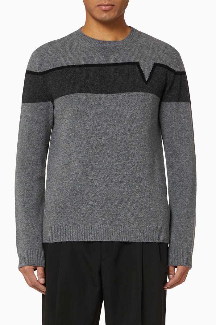

V-Valentino Intarsia Wool-Cashmere Crewneck Jumper, Grey