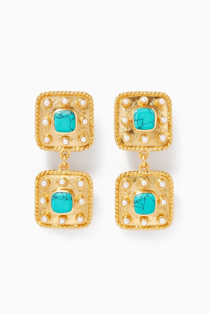 Aurora Earrings with Turquoise & Pearl Stones in 24kt Gold Plating, Blue