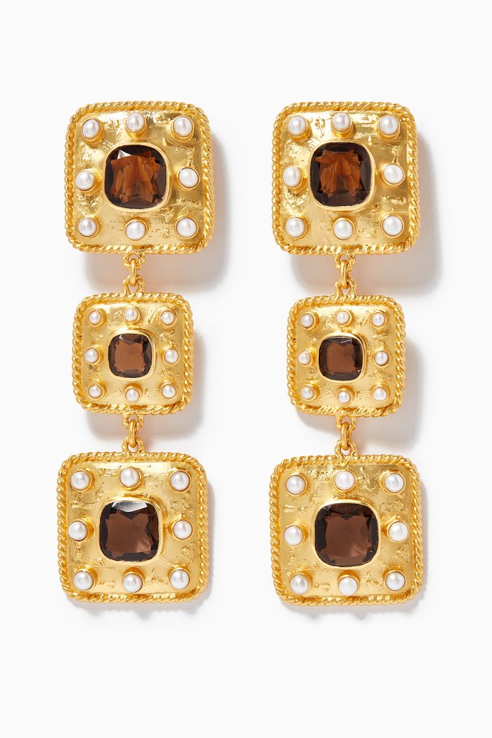 

Gaia Earrings with Smoky Quartz & Pearls in 24kt Gold Plating, Brown