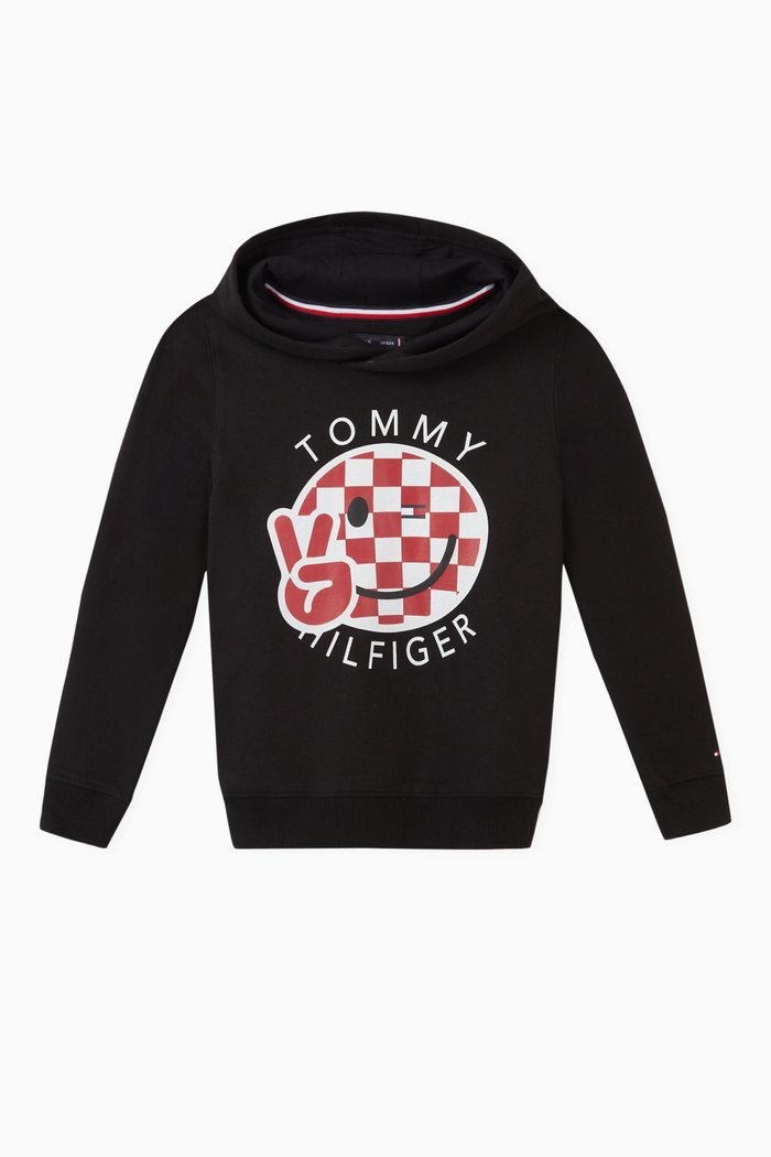 

Checkerboard Smiley Cotton Hoodie, Black