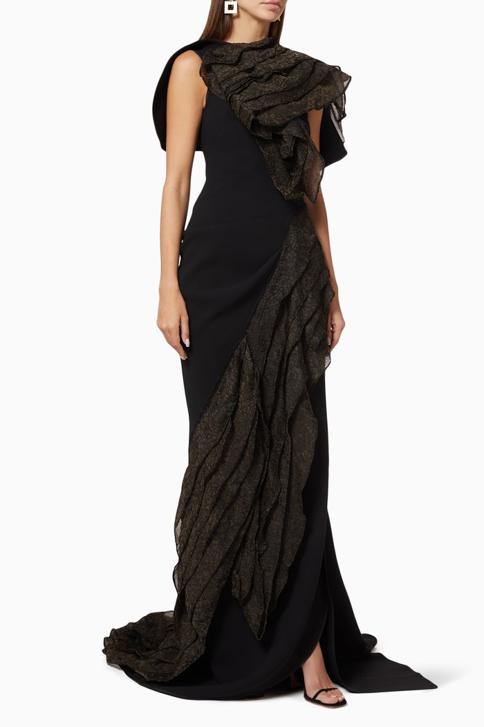 

Serene Ruffled Crepe and Organza Evening Gown, Black