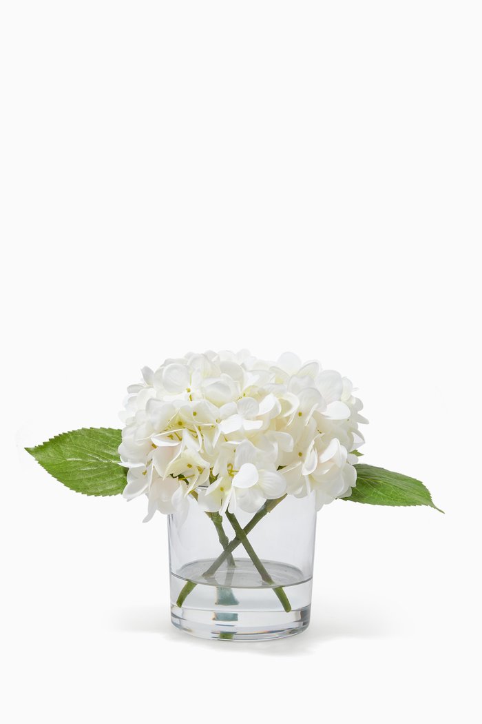 

Medium Artificial Hydrangea Floral Arrangement with Glass Vase, White