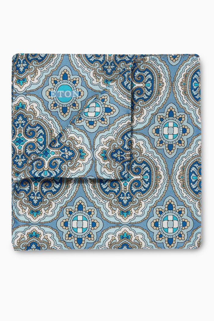 Medallion Print Silk Pocket Square, Blue