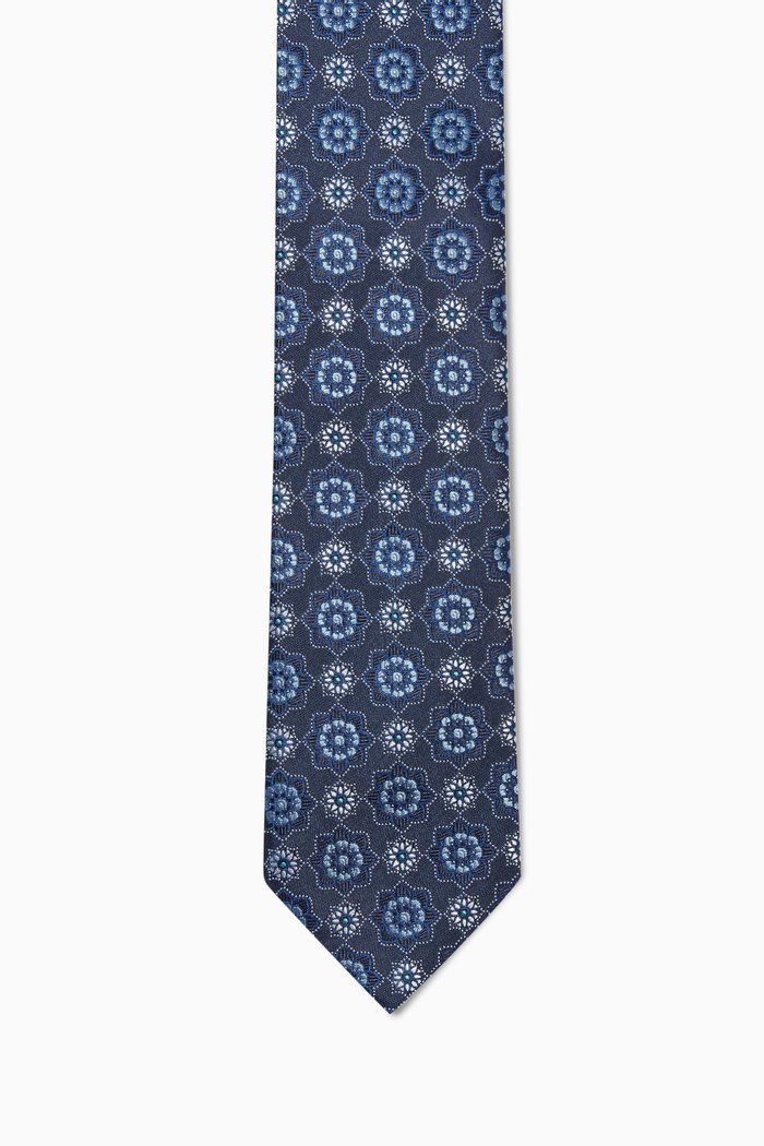 

Geometric Floral Print Silk Tie, Blue