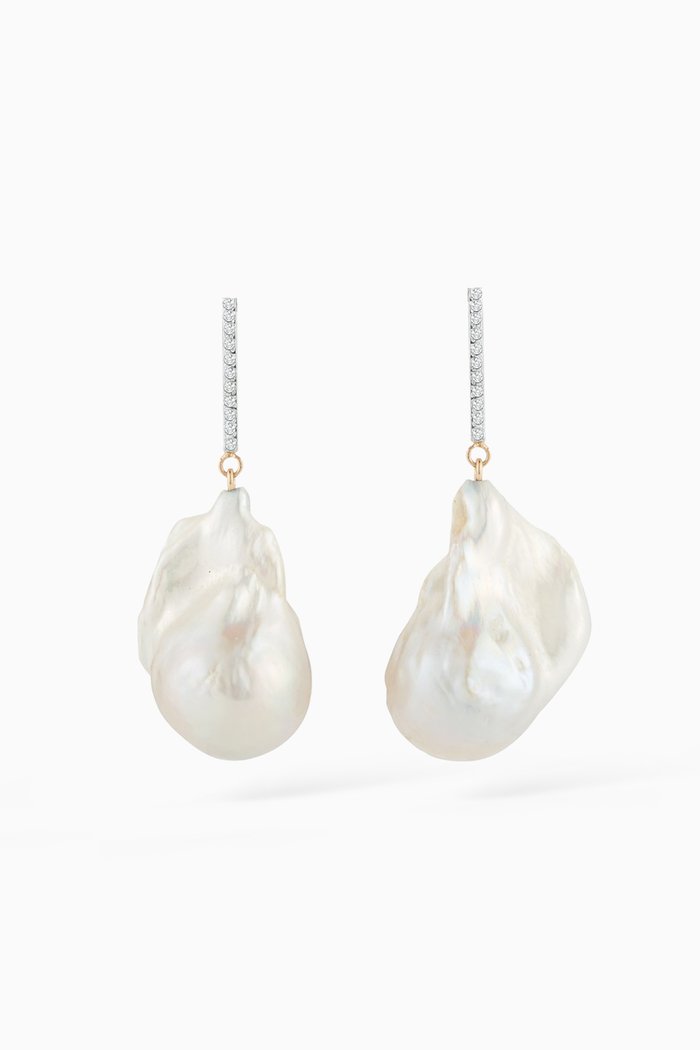 Baroque Pearl Earrings with Diamonds in 14kt Yellow Gold