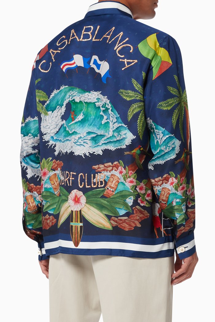 Surf Club Midnight Print Shirt in Silk, Blue