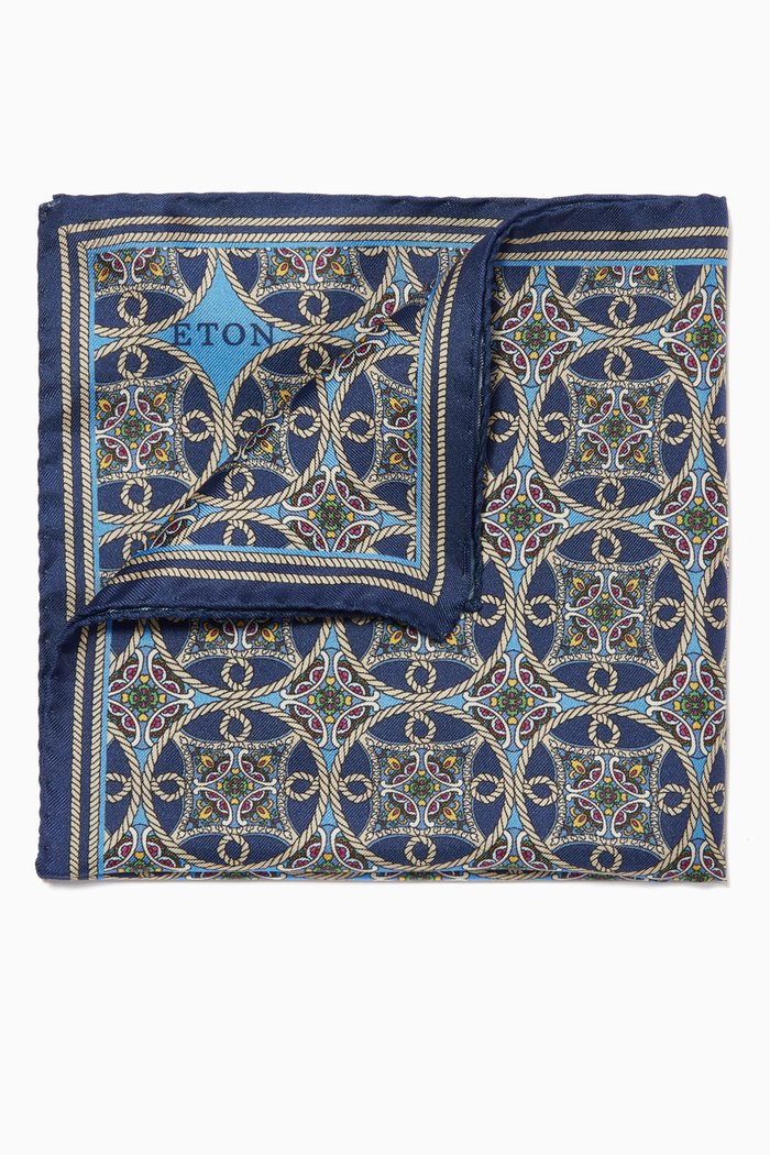 

Geometric Print Silk Pocket Square, Blue