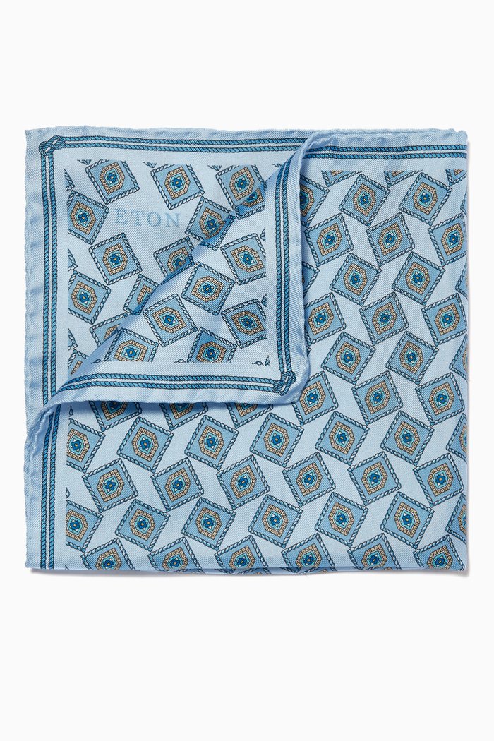 Geometric Print Silk Pocket Square, Blue