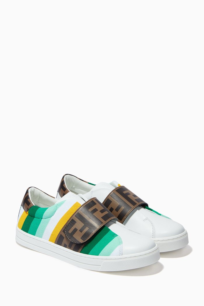 

FF Logo Stripe Velcro Sneakers in Leather, Multicolour