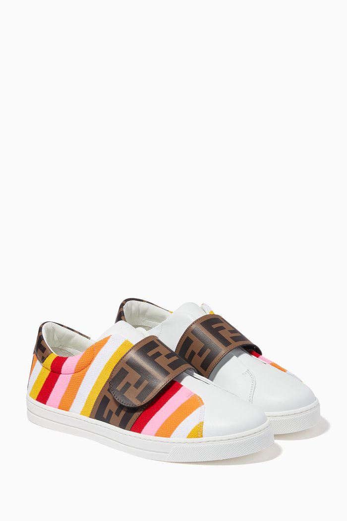 

FF Logo Stripe Velcro Sneakers in Leather, Multicolour