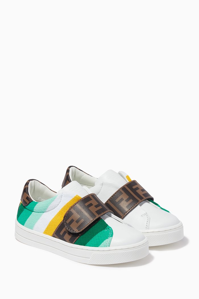 

FF Logo Stripe Velcro Sneakers in Leather, Multicolour