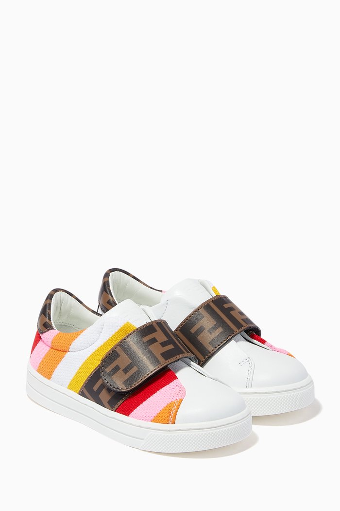 

FF Logo Stripe Velcro Sneakers in Leather, Multicolour