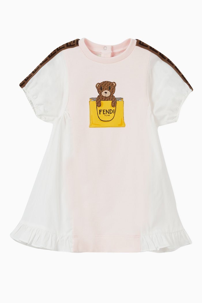 Bear Print Jersey & Poplin Dress, Pink