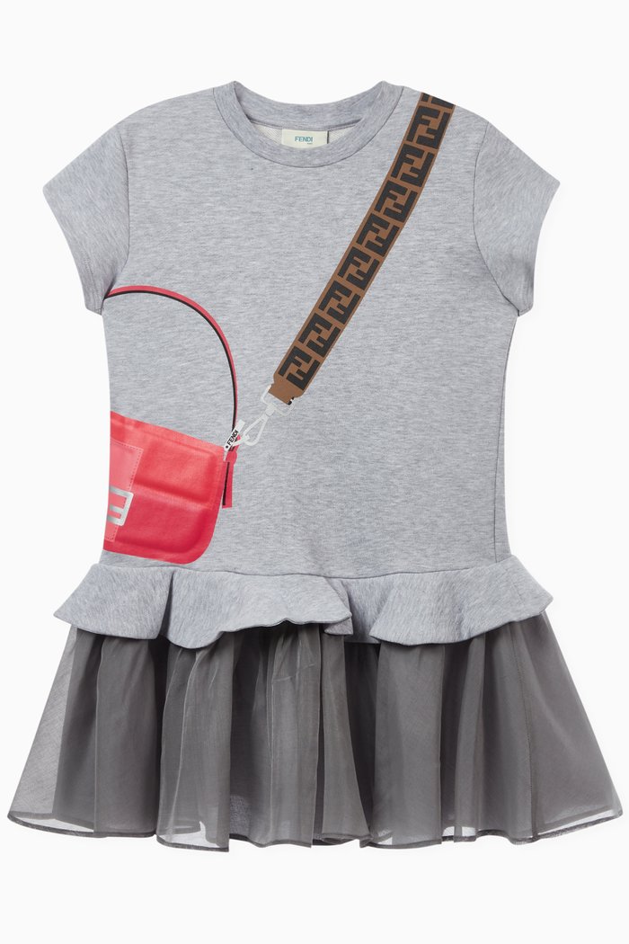 

Pleated Crossbody Print Dress in Cotton, Grey