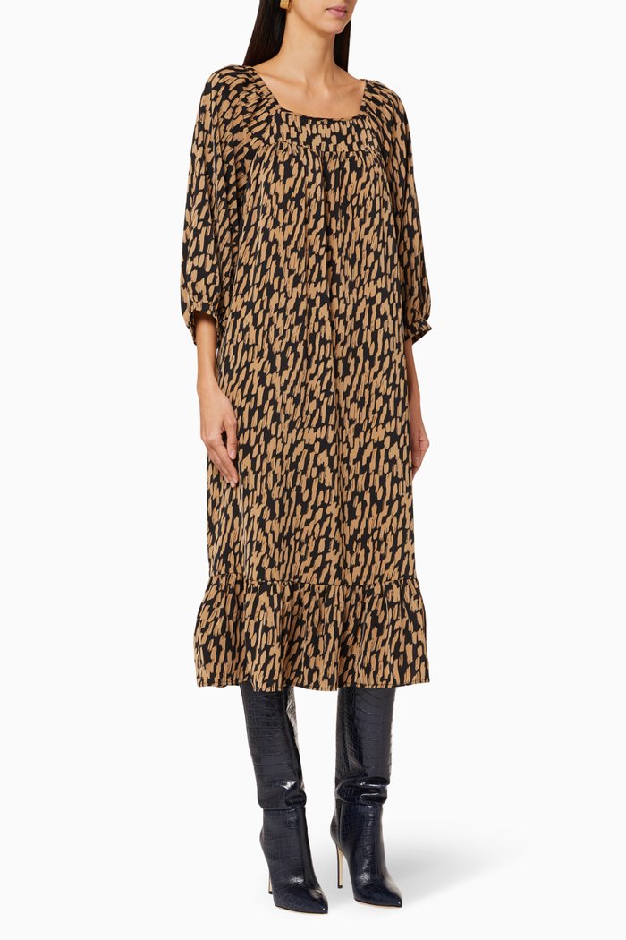 

Printed Tie String Midi Dress, Black