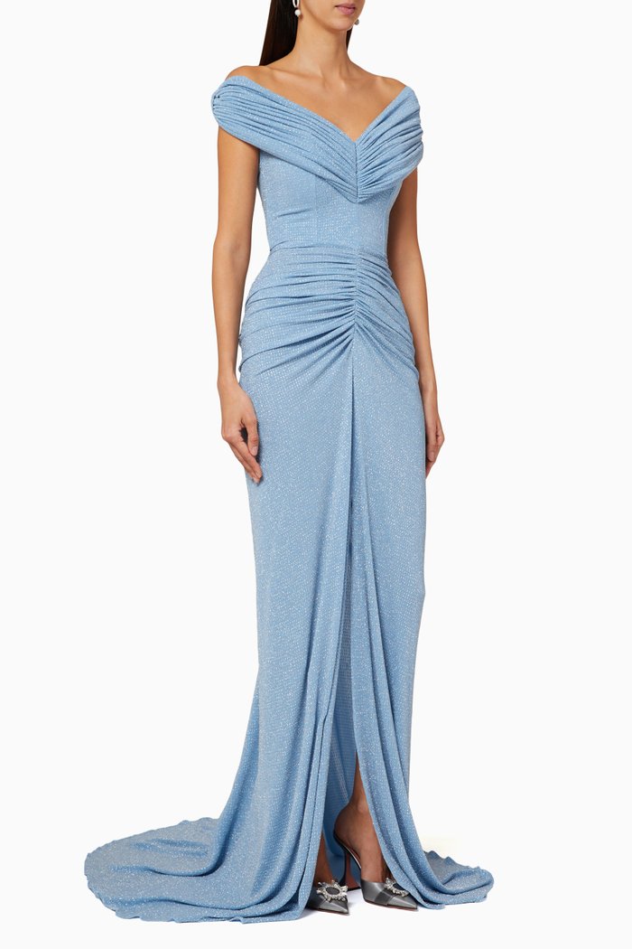 

Glitter Off Shoulder Gown, Blue