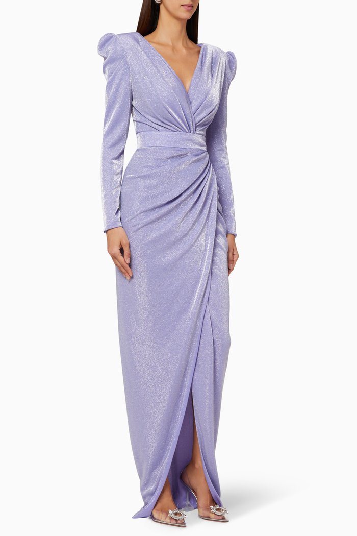 Glitter Padded Shoulder Gown, Purple