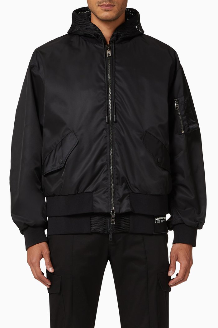 

Jacket with Hood in Nylon & Mesh, Black