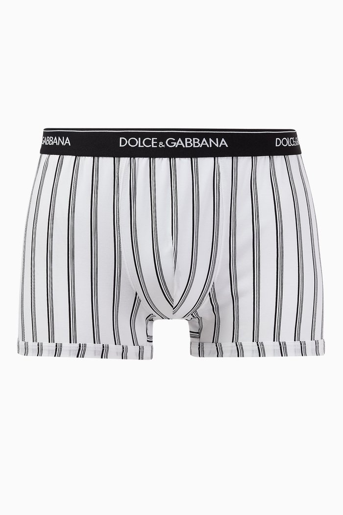 

Boxers with Striped Print in Two-way Stretch Cotton, White