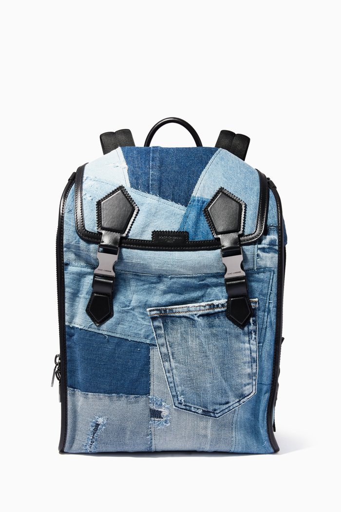

Backpack in Patchwork Denim & Leather, Blue