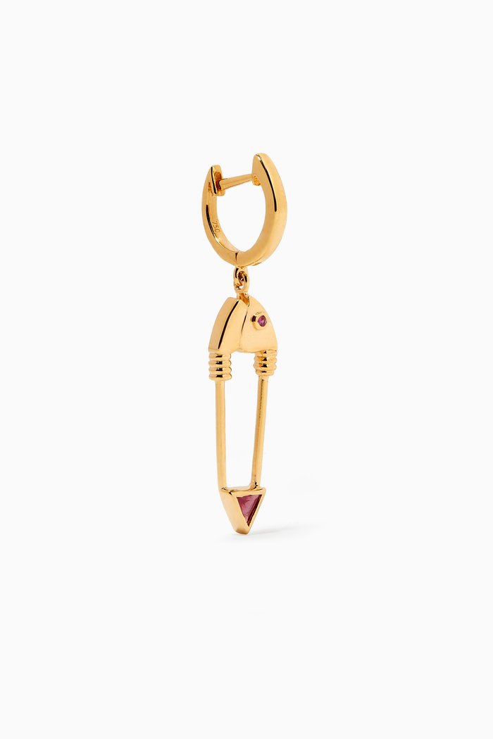 

Safety Pin Single Earring in 18kt Yellow Gold, Red