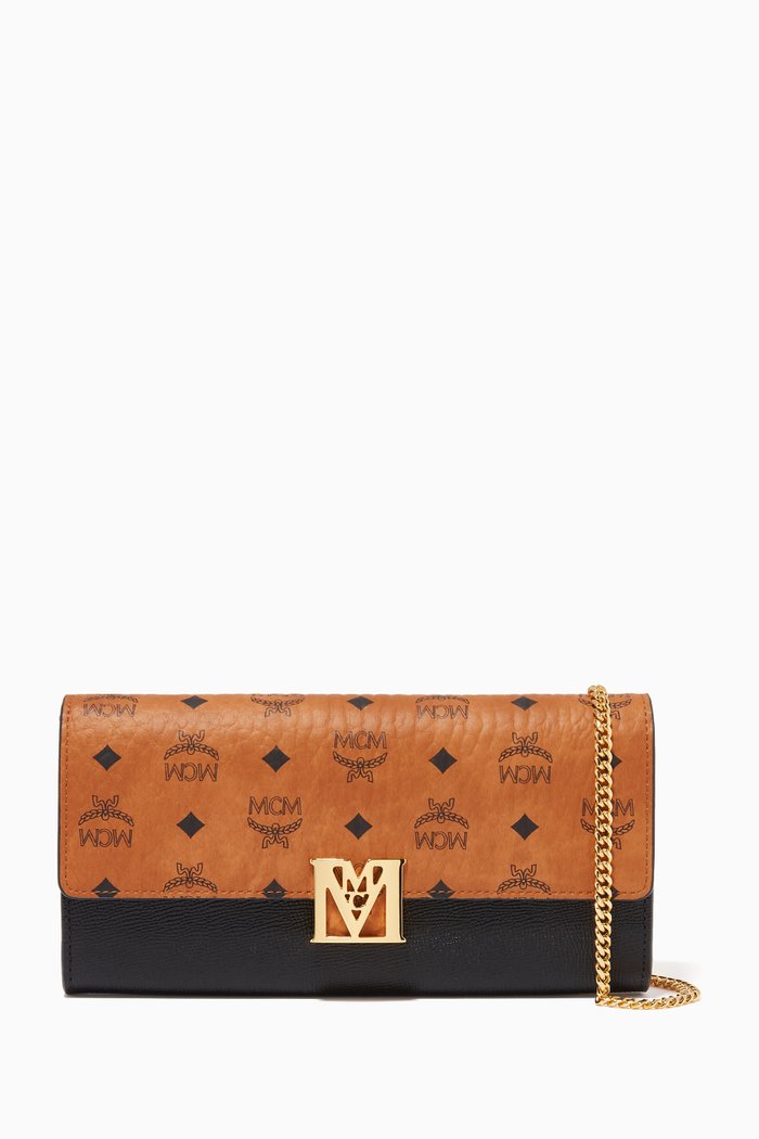 

Large Mena Crossbody Wallet in Visetos & Leather, Black
